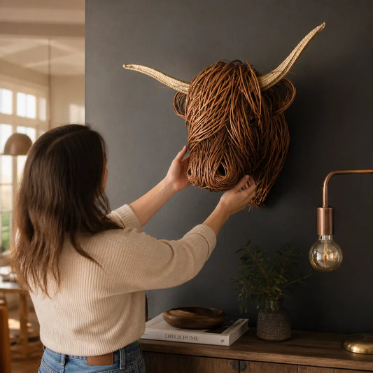 Handcrafted Wicker-Style Wall-Mounted Cow Wall Sculpture (63 x 53 cm)