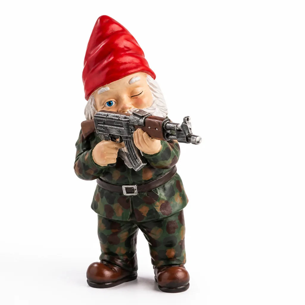 Resin Camouflage Outfit And Rifle Garden Gnome Statue
