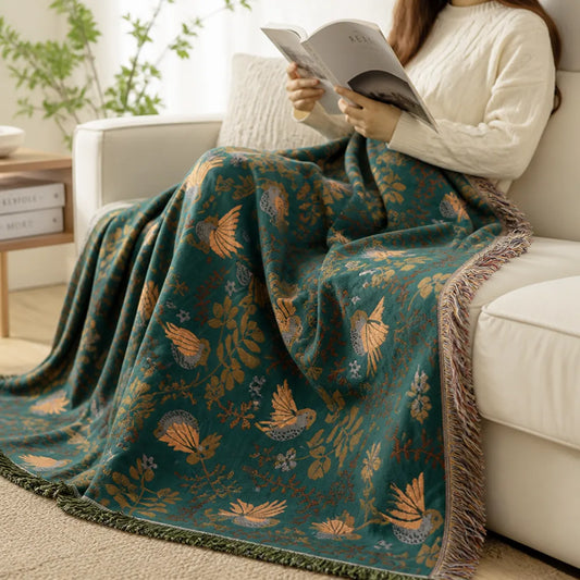 Reversible Cotton Scandinavian Bird Pattern Throw Blanket
