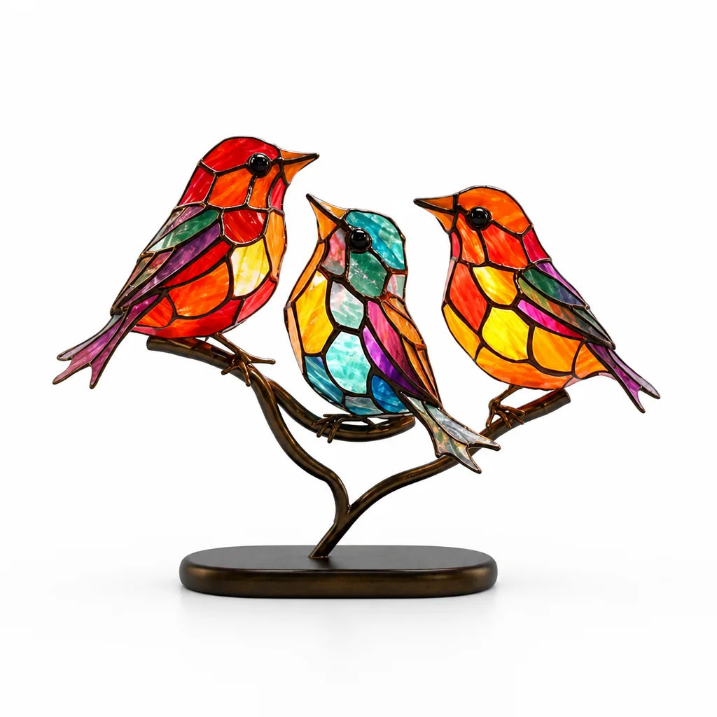 Colorful Glass Bird Figurines With Display Stand