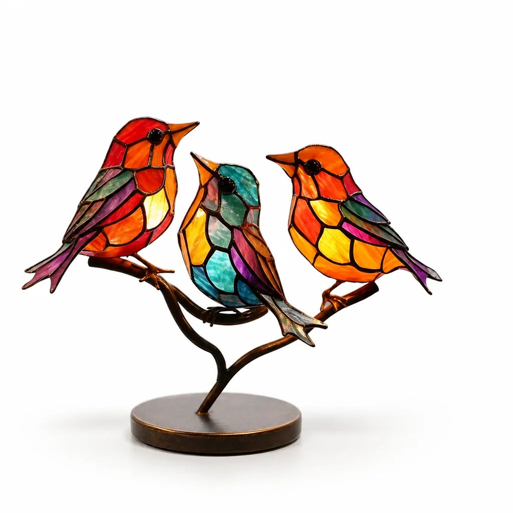 Colorful Glass Bird Figurines With Display Stand