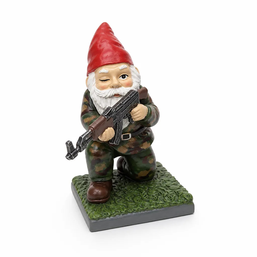 Resin Camouflage Outfit And Rifle Garden Gnome Statue