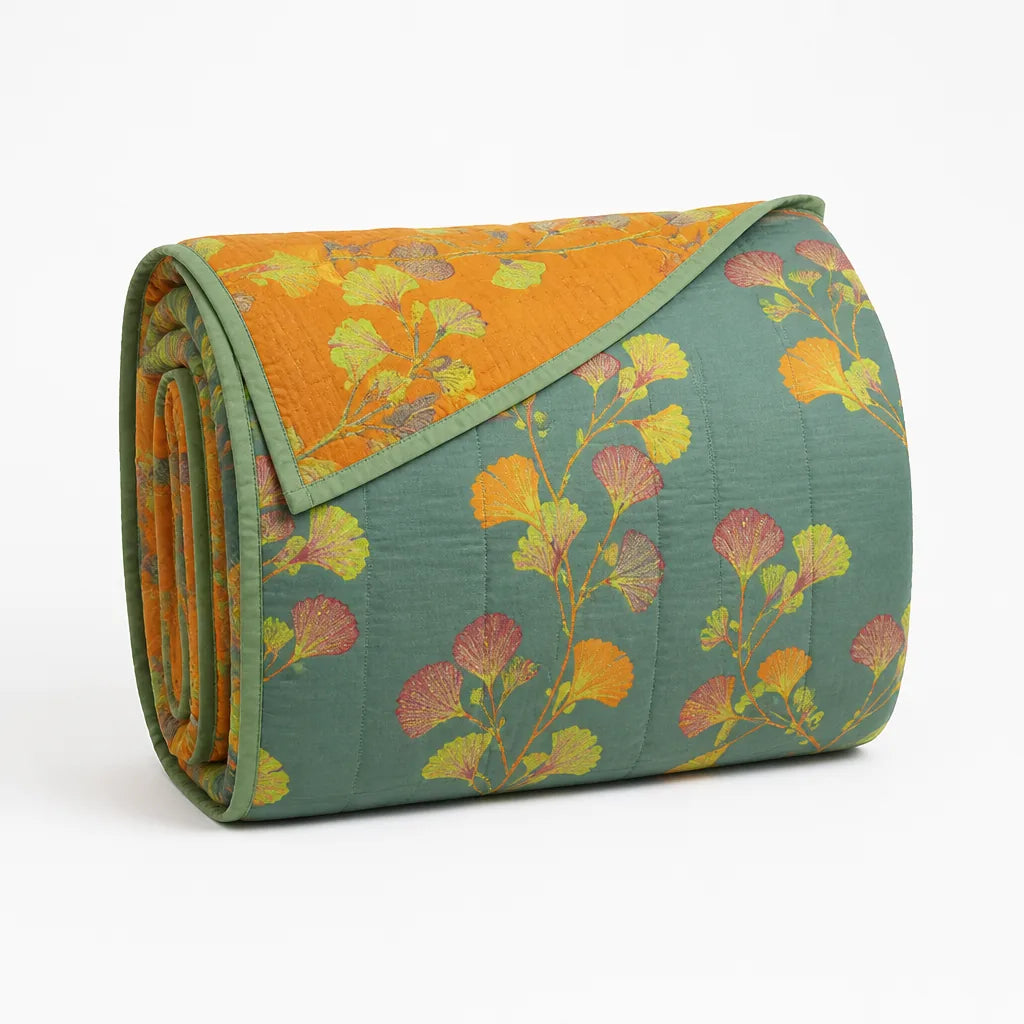 Reversible Cotton Jacquard Ginkgo Pattern Quilt