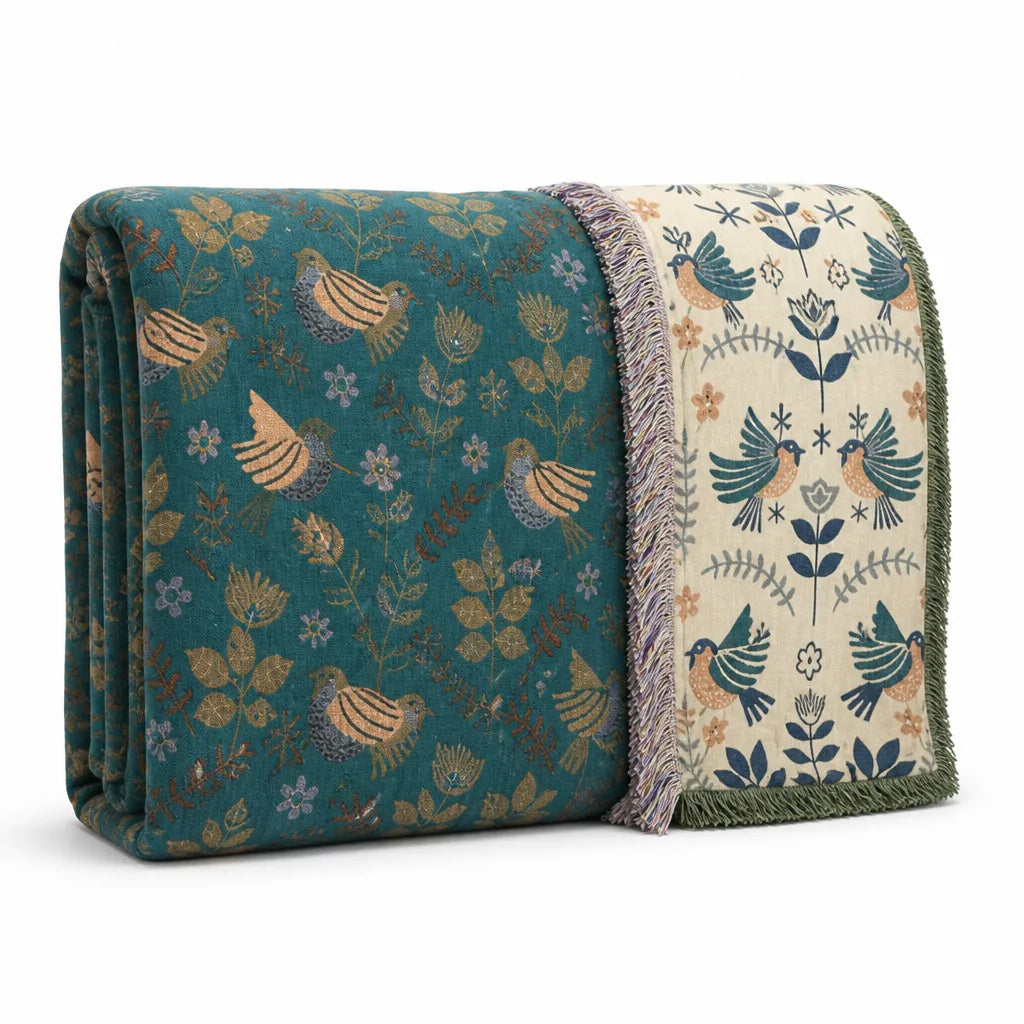 Reversible Cotton Scandinavian Bird Pattern Throw Blanket