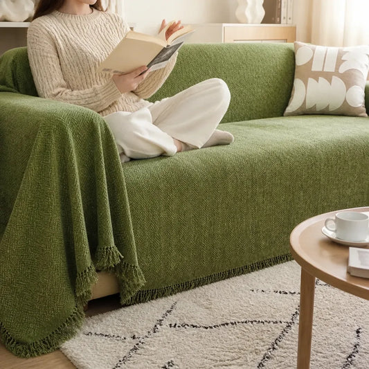Waterproof Chenille Sofa Cover with Minimalist Fringe Trim